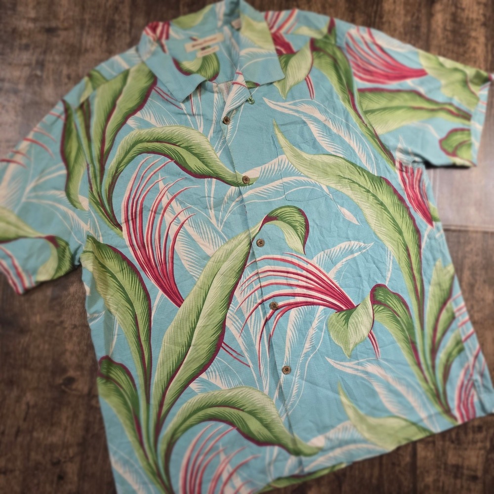 TOMMY BAHAMA Button Front Shirt Mens XXL‎ Blue Silk Tropical Leaf Print
